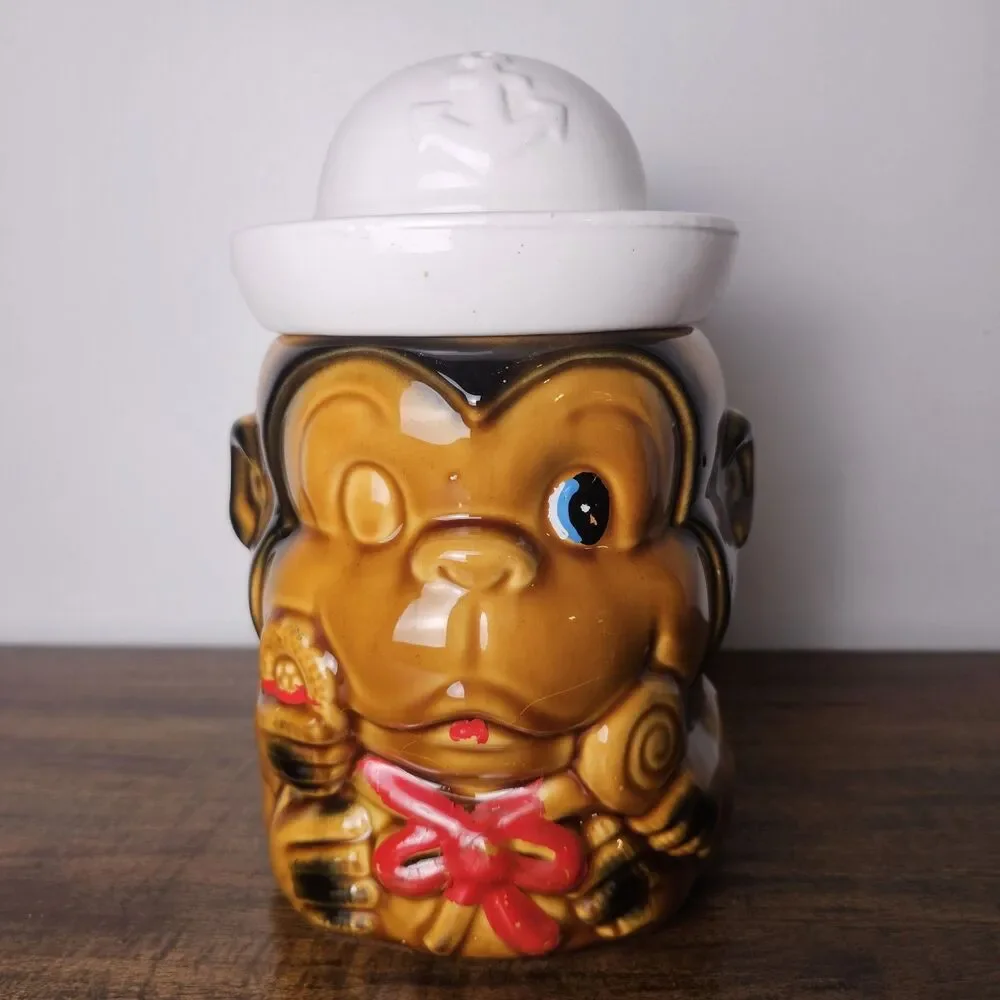 Vintage Japan Sailor Monkey Cookie Jar Ceramic Lollipop Canister 1960s 1970s